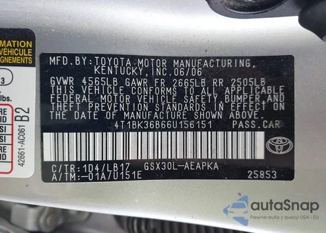 2006 Toyota Avalon Limited from USA, damaged, VIN 4T1BK36B66U156151
